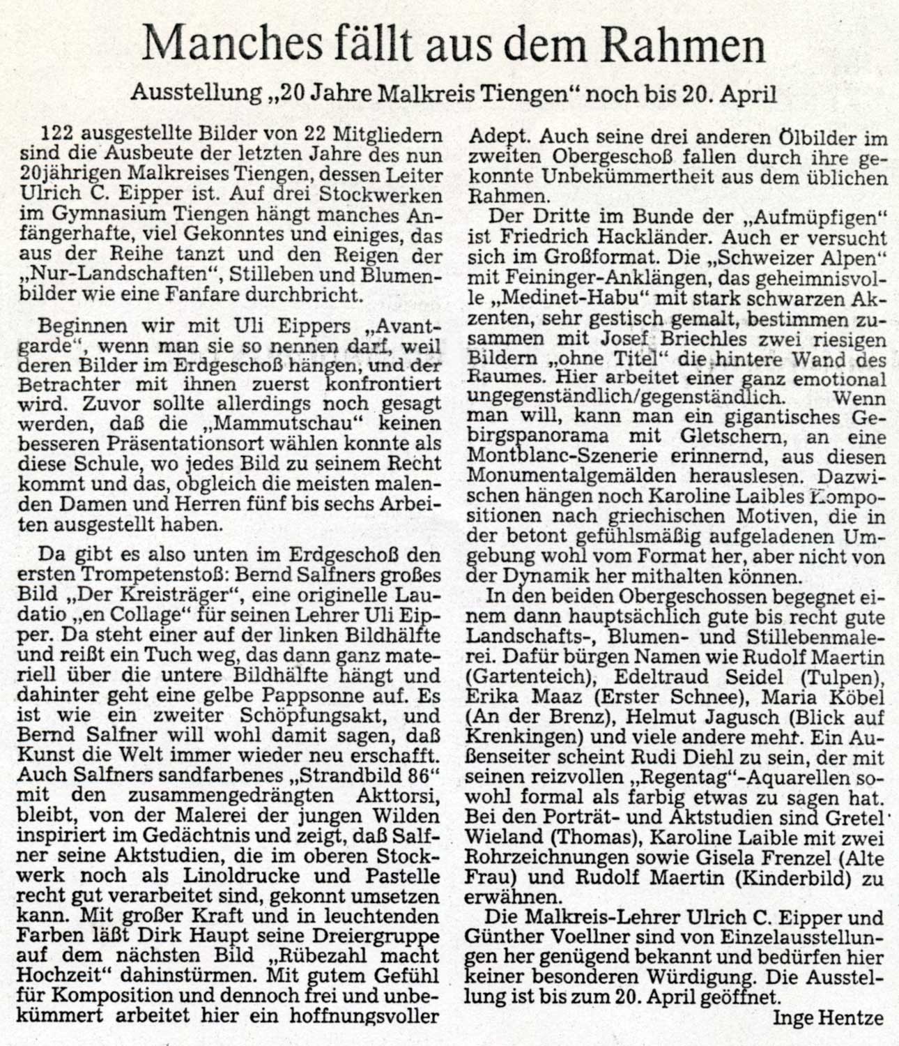 Aus einer regionalen Tageszeitung vom 20. April 1987