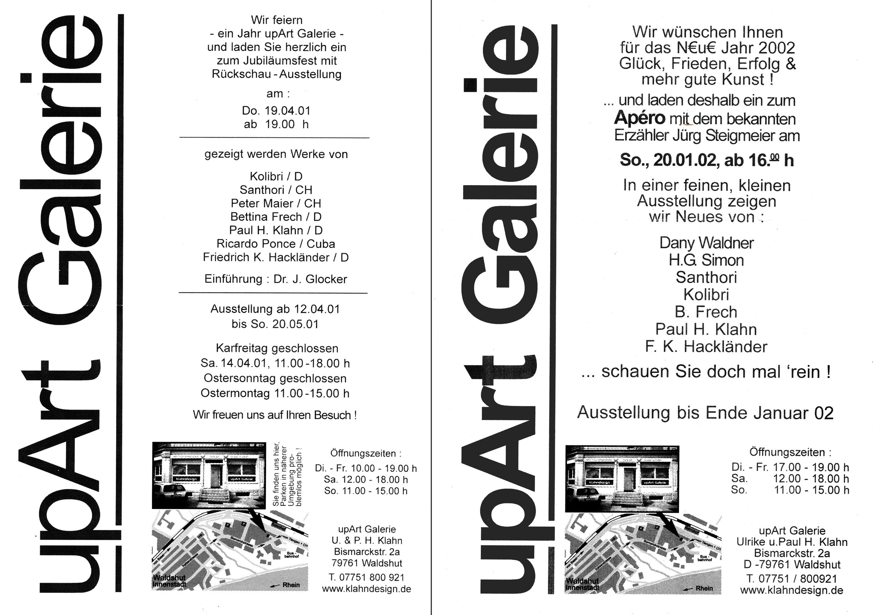 Einladungen zu Ausstellungen in der upArt Galerie Waldshut vom April 2001 und Januar 2002